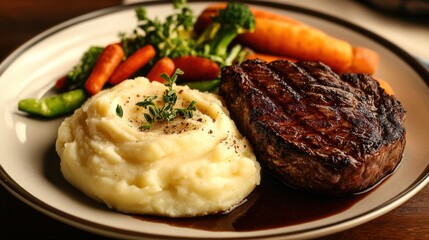 Detailed photo of a deliciously cooked steak with silky mashed potatoes and charred