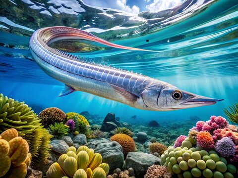 A majestic oarfish glides effortlessly through the pristine blue ocean, its shimmering body reflecting sunlight, embodying beauty and grace in the underwater world.