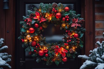 A wreath with bells and small Christmas toys, suspended from a red satin ribbon.