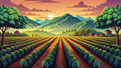 coffee plantation at dawn, rows of coffee plants with dew