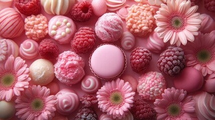 Pink Delights: A Close-up of Sweet Treats, Flowers, and Raspberries
