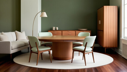Mint color chairs at round wooden dining table in room with sofa and cabinet near green wall. Medieval scandinavian house interior design of modern living room