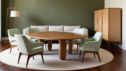 Mint color chairs at round wooden dining table in room with sofa and cabinet near green wall. Medieval scandinavian house interior design of modern living room
