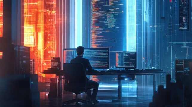 Engineer coding for a virtual AI's machine learning process, surrounded by an ultra