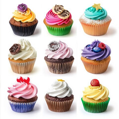 assortment of colorful cupcakes, bakery sweet food and pastries, cookie dessert or snack with cream and sugar