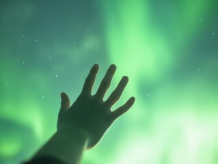 A hand reaches toward the mesmerizing green hues of the aurora borealis, creating a sense of wonder and connection with nature.
