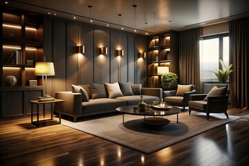 An aerial perspective showcases a modern minimalist dark room, featuring elegant lighting and soft shadows that create a cozy atmosphere within a stylish, contemporary design.