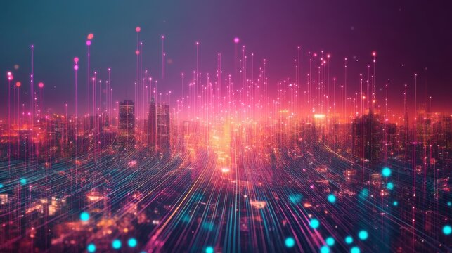 Generative AI lines and dots creating a matrix over a vibrant cityscape - Powered by Adobe