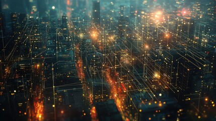 Obraz premium Generative AI-inspired lines and dots weaving through a bustling urban landscape