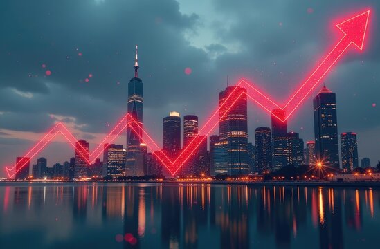 Real estate market and commercial property crisis concept with red falling graph with arraw and cityscape on background, double exposure