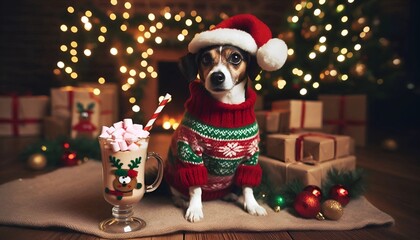Adorable dog wearing a festive Santa hat and Christmas sweater, sitting beside a hot cocoa topped with marshmallows. A cozy holiday scene with glowing lights and wrapped gifts in the background.
