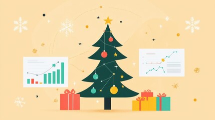 A professional holiday-themed email template featuring a Christmas tree and festive icons like stars and bells, with business charts in the background.