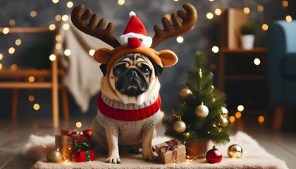 Adorable pug wearing a festive reindeer costume with a Santa hat, sitting beside a small Christmas tree and presents. A cozy holiday scene filled with Christmas decorations and warm lights.