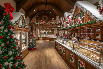 Fototapeta premium A festive Christmas market with wooden decorations and a variety of food items on display
