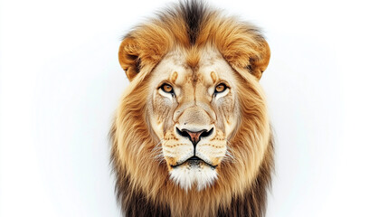 Fototapeta premium Majestic Lion Portrait with Intense Gaze and Detailed Mane Isolated on White Background, Capturing Strength and Power of the King of the Jungle, Image Made Using Generative AI