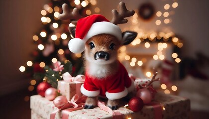 Adorable baby deer dressed as a Christmas reindeer, wearing a Santa hat and surrounded by festive gifts and ornaments. A warm, cozy holiday scene with glowing lights and a decorated tree.