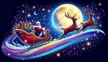 A magical Christmas illustration of Santa Claus riding his sleigh full of presents, pulled by reindeer through a starry night sky, with a glowing moon and vibrant cosmic trails.