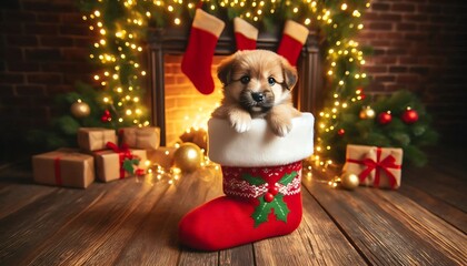 Adorable puppy nestled in a Christmas stocking by a cozy fireplace, surrounded by festive decorations, gifts, and twinkling lights, creating the perfect holiday spirit scene.