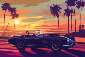 Classic convertible sports car with surfboard on roof cruising california beach road at sunset