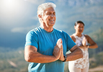 Yoga class, happy man and namaste to meditate in nature for fitness, body health and peace outdoor....