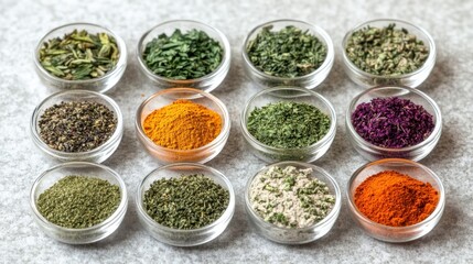Macro shot of Thai medicinal herbs and their powdered forms displayed individually