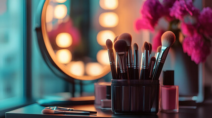 A container holds a collection of makeup brushes on a table Nearby, a mirror with backlighting is mounted on the wall
