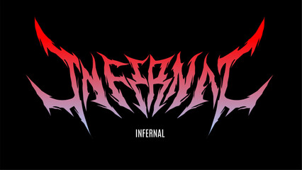 Vector design of 'INFERNAL' in jagged, metal-inspired typography with a red-to-purple gradient. The sharp, horn-like elements and dark background create a fiery, intense look, perfect for heavy metal 