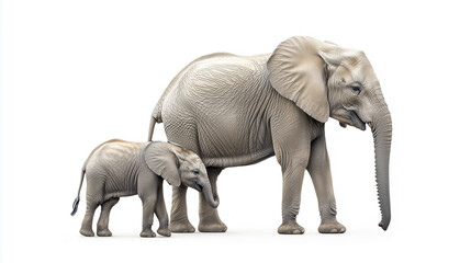Fototapeta premium Elegant Mother and Baby Elephant Walking Side by Side Isolated on White Background. Showcasing Bond and Family Connection in Nature. Image Made Using Generative AI.