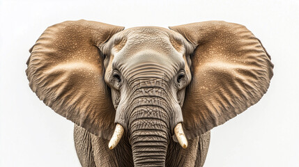 Close-Up of Elephant's Face Highlighting Wrinkled Skin, Majestic Ears, and Tusks, Isolated on White Background, Image Made Using Generative AI
