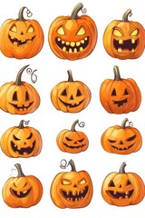 Halloween Pumpkins on White Background.
