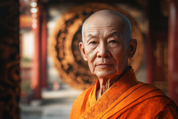 Portrait of elderly Buddhist monk wearing orange robe against traditional temple backdrop