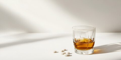 Whiskey Glass with Scattered Pills on Table