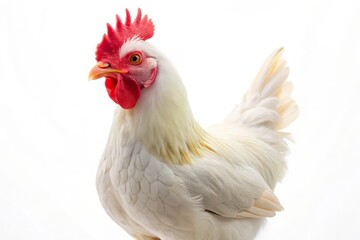 Fototapeta premium A stunning white chicken elegantly posed against a clean background, showcasing its natural beauty and intricate details in a minimalist style perfect for stock imagery.