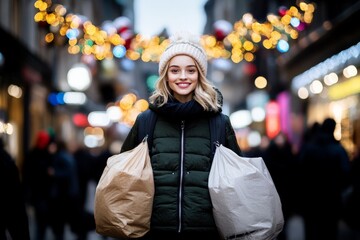 Fototapeta premium A cheerful woman in a winter hat and coat stands on a bustling street adorned with festive lights, holding multiple shopping bags, capturing the holiday spirit.
