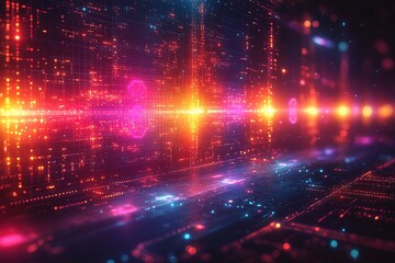 Fototapeta premium Abstract digital data flow with glowing lines and particles.