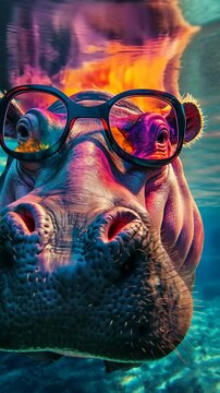 Hippo underwater with glasses in colorful lighting, surreal animal portrait. Creative wildlife concept