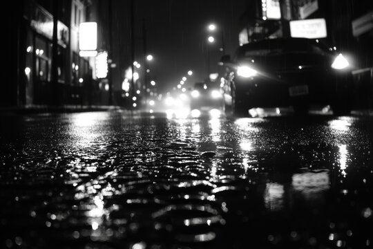 Fototapeta Moody black and white nightscape of a desolate city street with glowing lights and raindrops