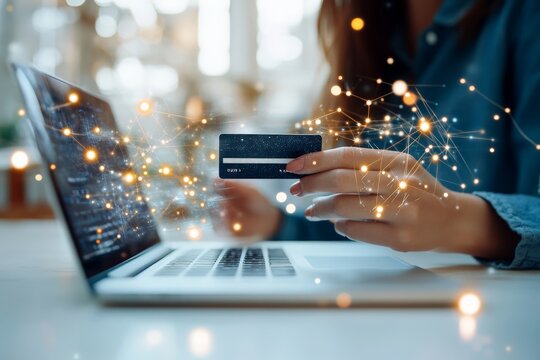 A hand holds a credit card beside a laptop, covered with abstract digital connections, representing the concept of online shopping and electronic commerce.