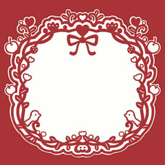 frame with nature elements. cute cartoon vintage illustration frame . plant , apple , hearts , floral , birds and bow shape . red pattern . 