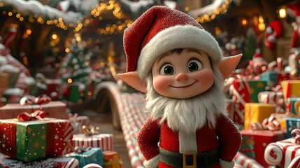 Cheerful Christmas elf with presents, festive background, adorable holiday spirit.