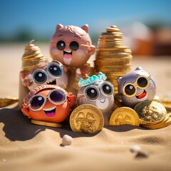 Cheerful crypto beach party digital coins as sand concept of relaxed investing