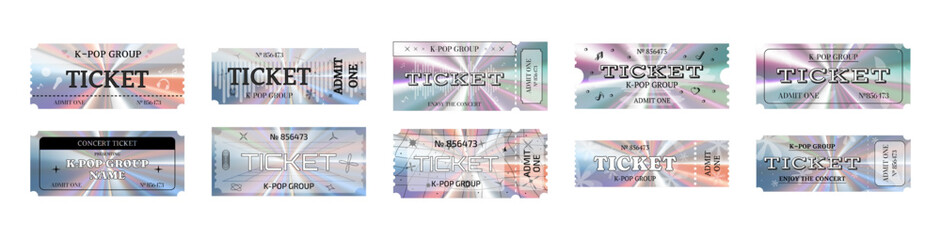 Set of holographic tickets for a music concert featuring a Korean pop group. Vector illustration isolated on white background