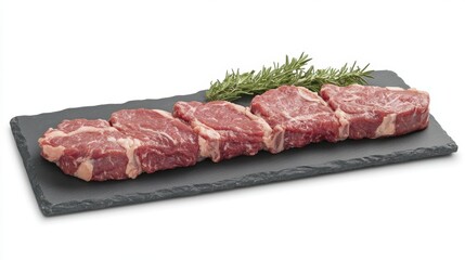 Fototapeta premium A marbled beef ribeye steak, raw and ready for grilling, placed on a slate board with detailed fat and lean meat portions.