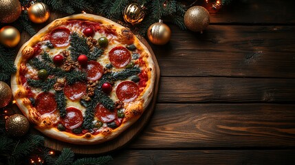 Delicious festive pizza with decorations on a wooden table.
