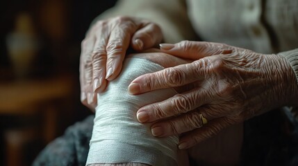 Fototapeta premium Elderly hands carefully bandaging a knee injury, warm indoor atmosphere