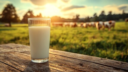 Fresh milk glass on wooden table during sunset over green pasture.