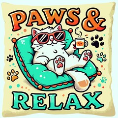 cute cartoon cat wearing sunglasses, lounging on a pillow with a cup of coffee. The text 