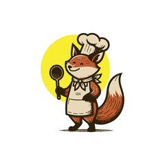 Retro Fox Chef vector illustration mascot logo. A cartoon fox chef is holding a spatula illustration. Fox chef logo design