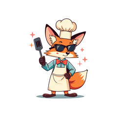 Retro Fox Chef vector illustration mascot logo. A cartoon fox chef is holding a spatula illustration. Fox chef logo design