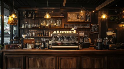 Vintage wooden cafe with warm lighting, classic coffee counter,